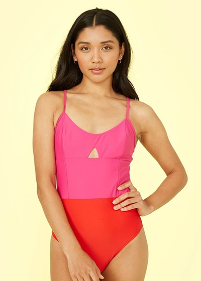 Best Active Sustainable Swimsuits Summersalt The Swan Dive Pink and red one piece